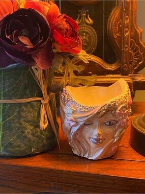 Hand Crafted Pink Iridescent Ceramic Mermaid Vanity Container
